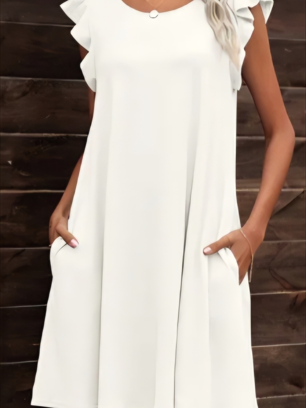 Round Neck Ruffle Sleeve Dress With Pockets - Picture 2 of 3